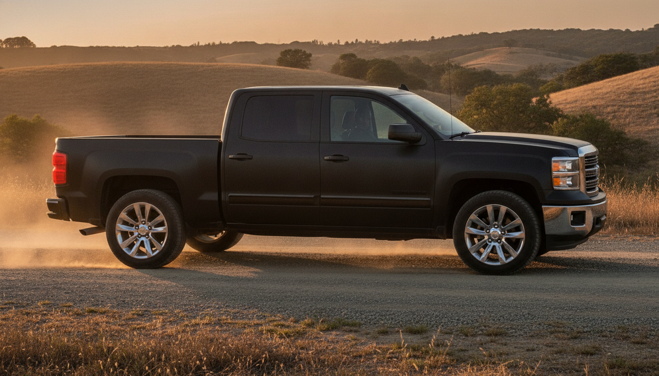 Partial car wrap design: a crew cab pickup truck on a gravel track at golden hour in a deep matte black wrap across the body, with the factory chrome grille and polished alloy wheels left untouched