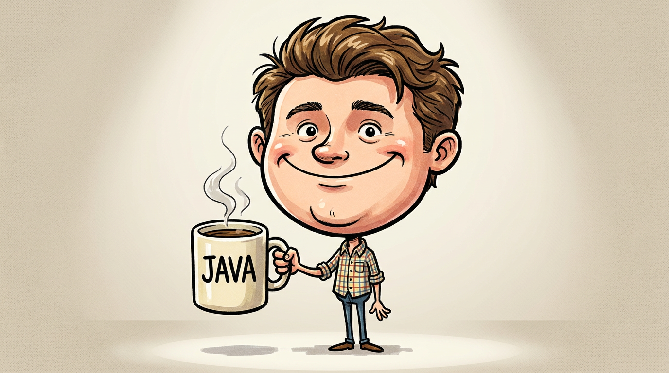 AI-generated caricature of a smiling young man with an exaggerated big head holding a coffee cup in a colorful cartoon style