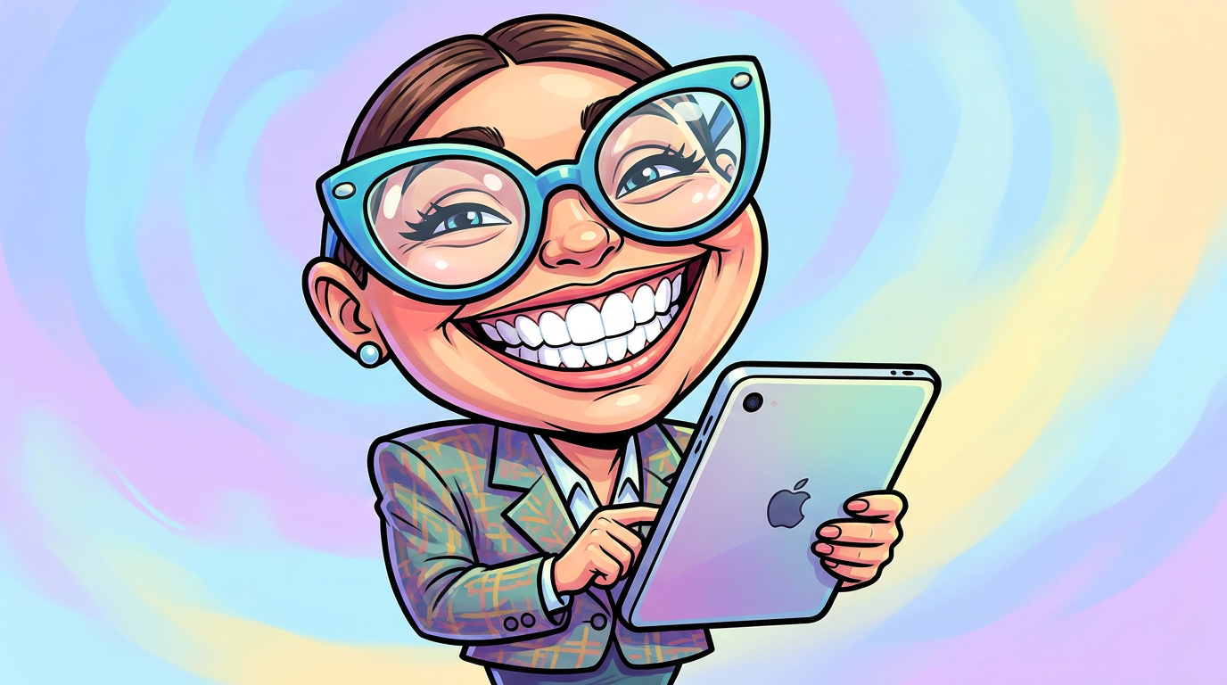 AI caricature of a confident businesswoman with exaggerated features and oversized glasses in a vibrant cartoon illustration