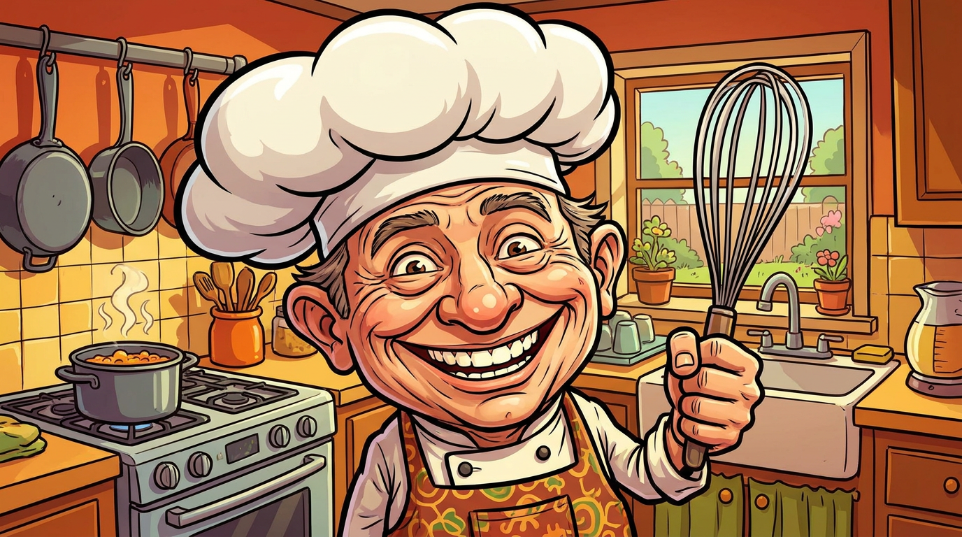 AI caricature of a happy chef with a huge grin and giant chef hat in a lively colorful cartoon art style