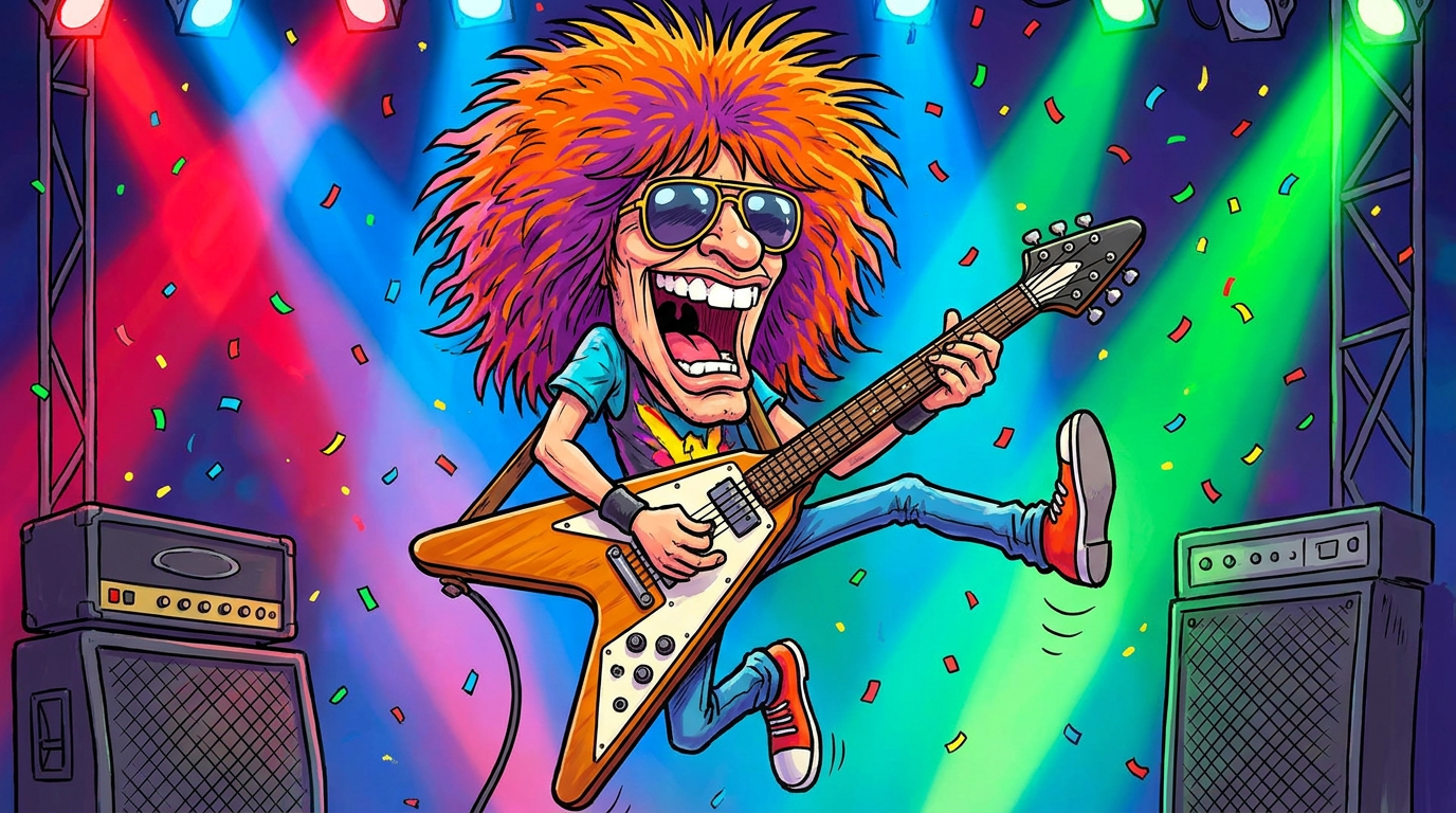 AI caricature of a rock guitarist with wild exaggerated hair and an oversized electric guitar in a dynamic cartoon style