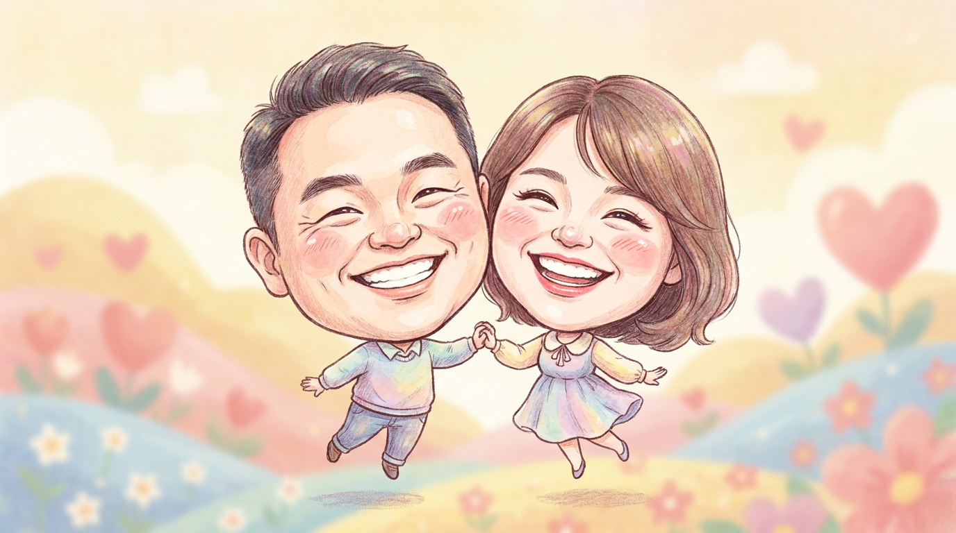AI caricature of a smiling couple with exaggerated happy faces and big heads in a charming romantic cartoon illustration