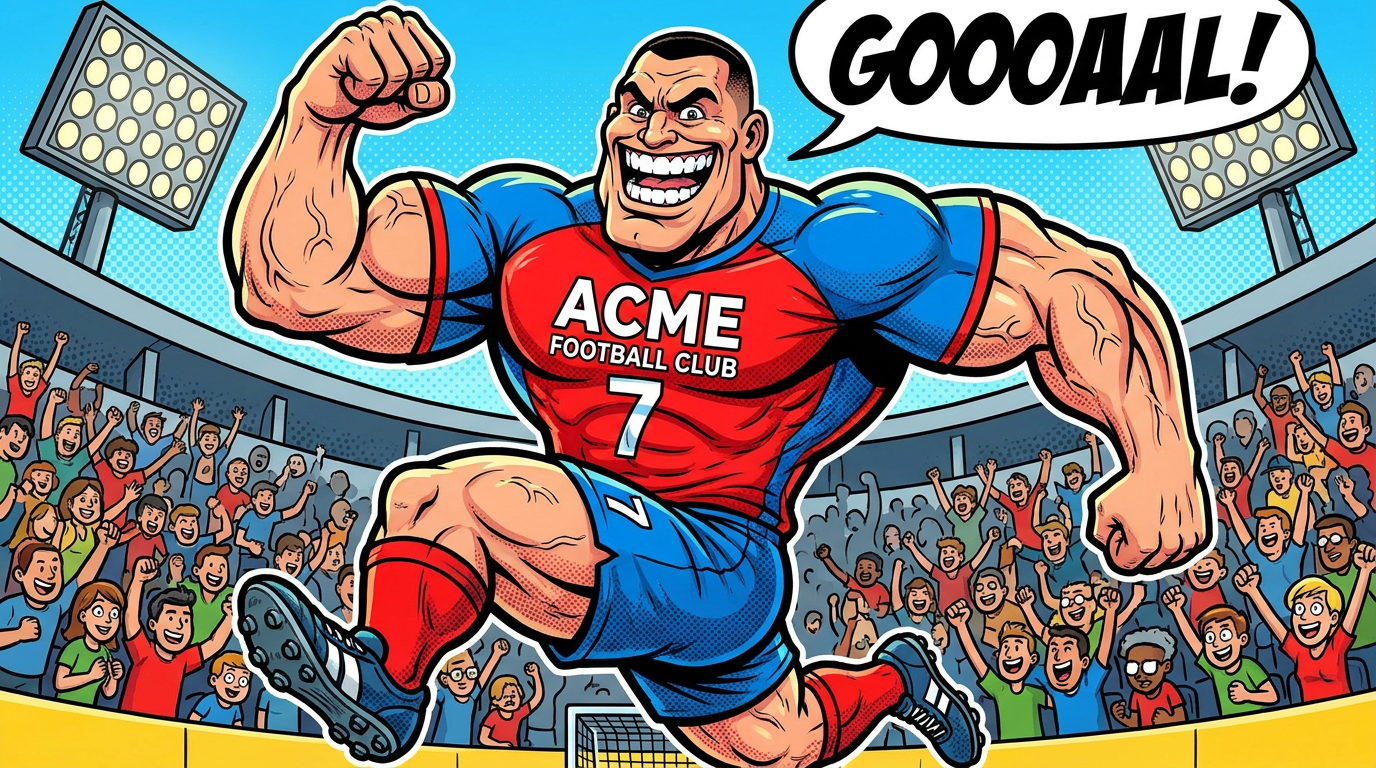 AI caricature of an athletic soccer player in a dynamic celebration pose with exaggerated muscular build in a bold comic cartoon style