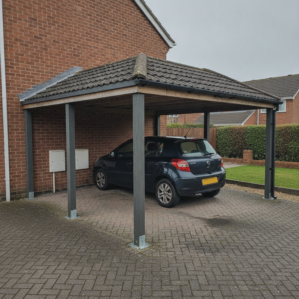 AI carport design generator result: a single-bay carport against a red brick house with dark grey posts bolted to herringbone block paving on galvanised base plates, a moss-covered tiled roof with a black gutter and downpipe, and a car parked in the open bay with a hedge beyond.
