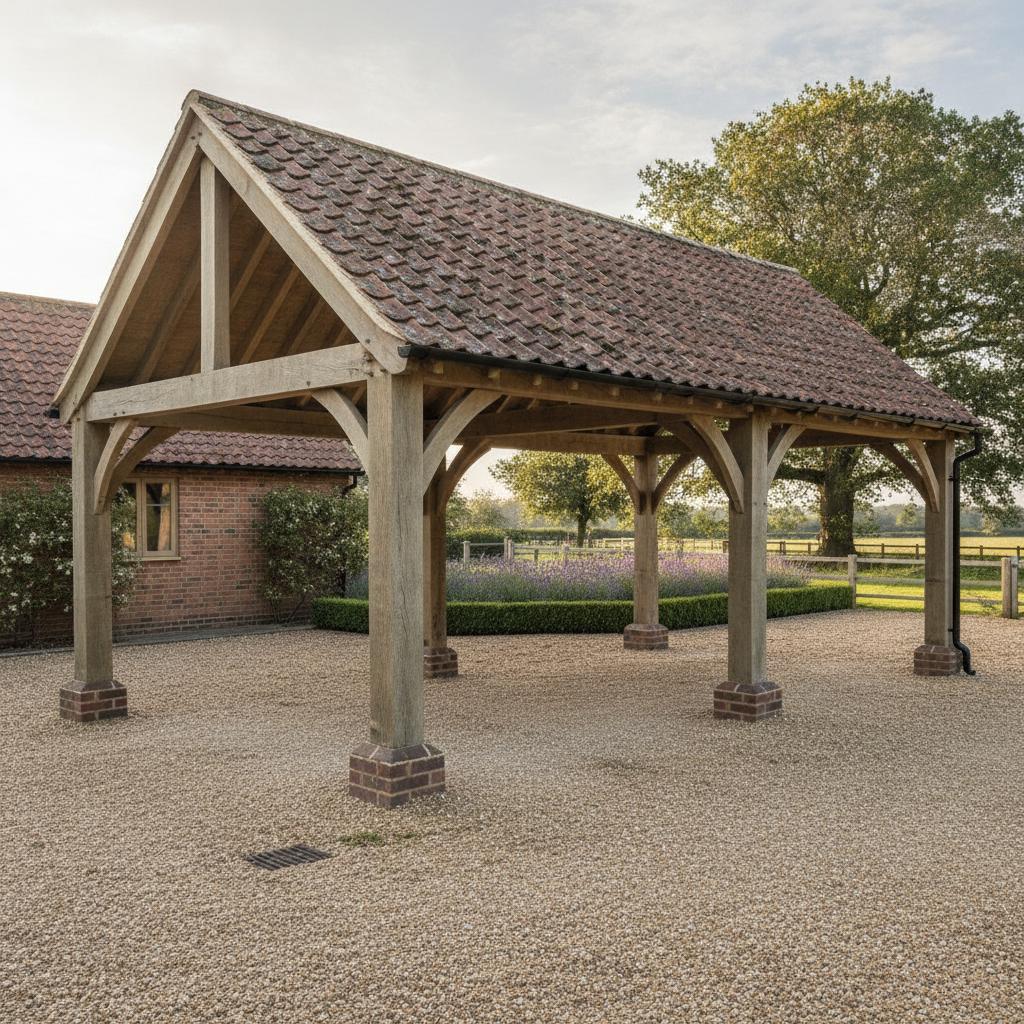 AI carport design generator result: a freestanding oak-frame double carport on a pea gravel drive, silvered oak posts on dark brick plinths with curved braces into deep beams, a steep tiled gable roof, and open sight lines straight through the frame to a lavender bed and fields beyond.