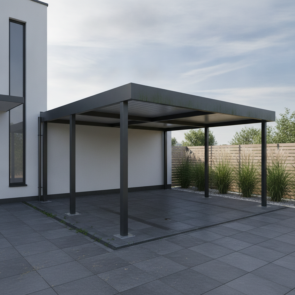 AI carport design generator result: a modern flat-roof carport in dark anthracite powder-coated steel beside a white rendered house, slim square posts on bolted base plates set into dark grey porcelain paving, with ornamental grasses and a slatted timber screen fence alongside.