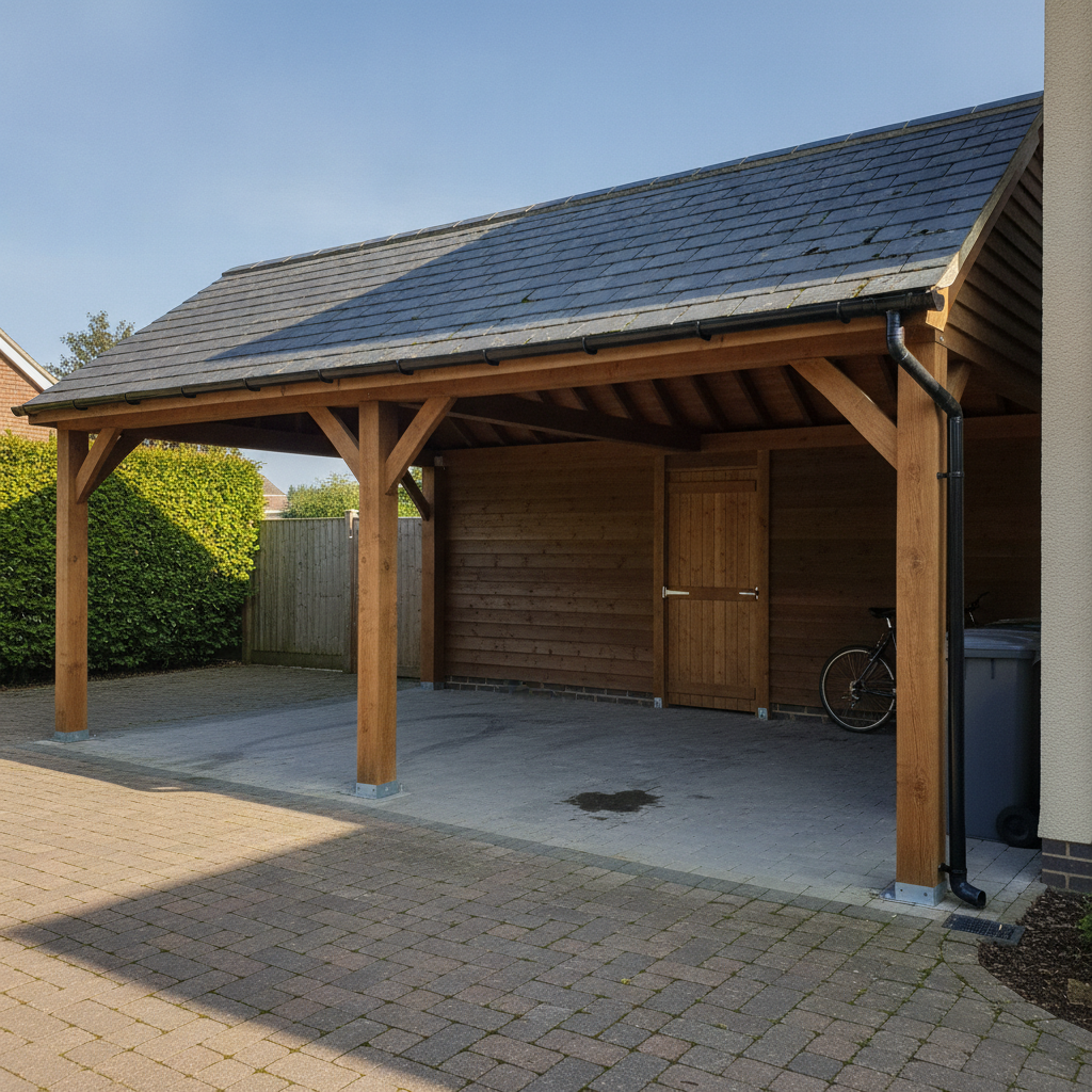 AI carport design generator result: a timber carport with an open front parking bay on stained brown posts and an enclosed boarded storage room at the rear with a ledged timber door, all under one continuous slate-grey pitched roof with a gutter and downpipe.