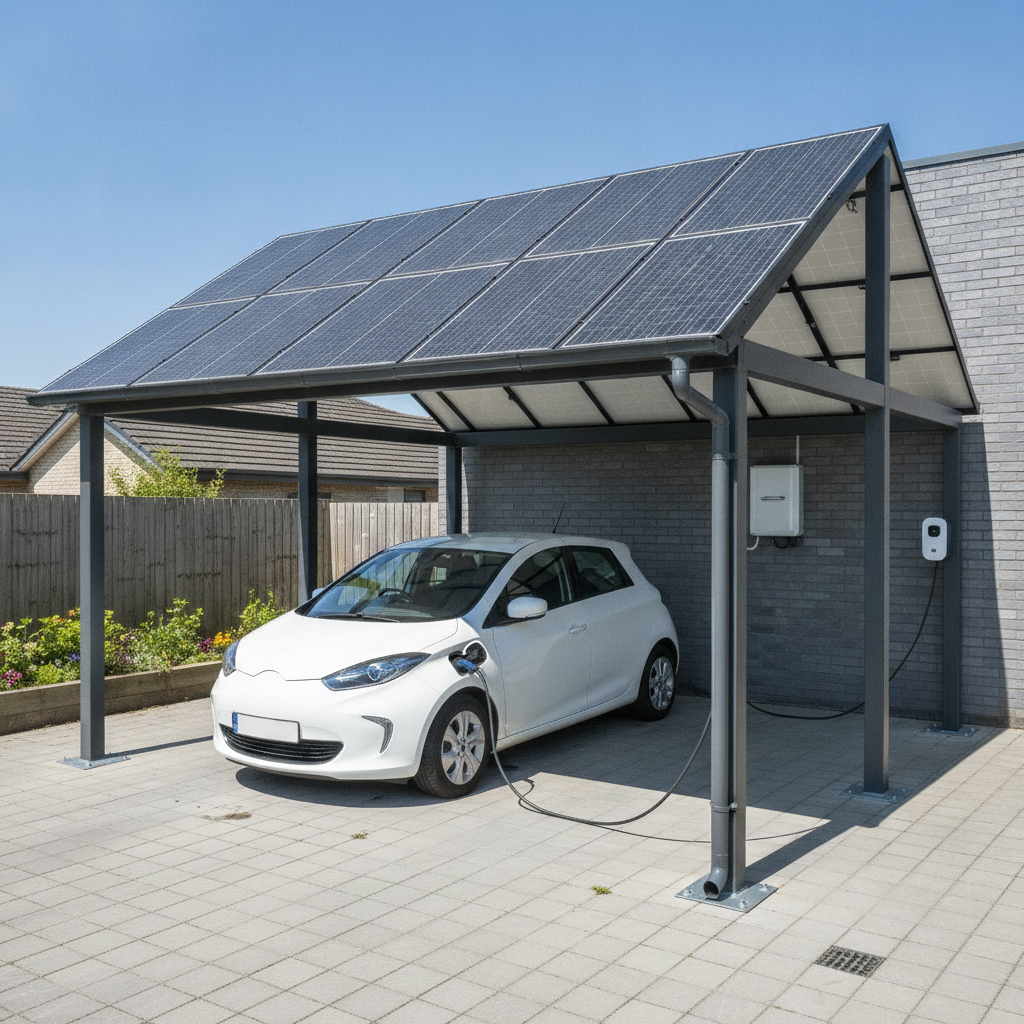AI carport design generator result: a solar carport with dark blue-black photovoltaic panels forming the roof, a white electric hatchback parked underneath with a charging cable curving from its front wing to a wall-mounted charge point, on light grey block paving.