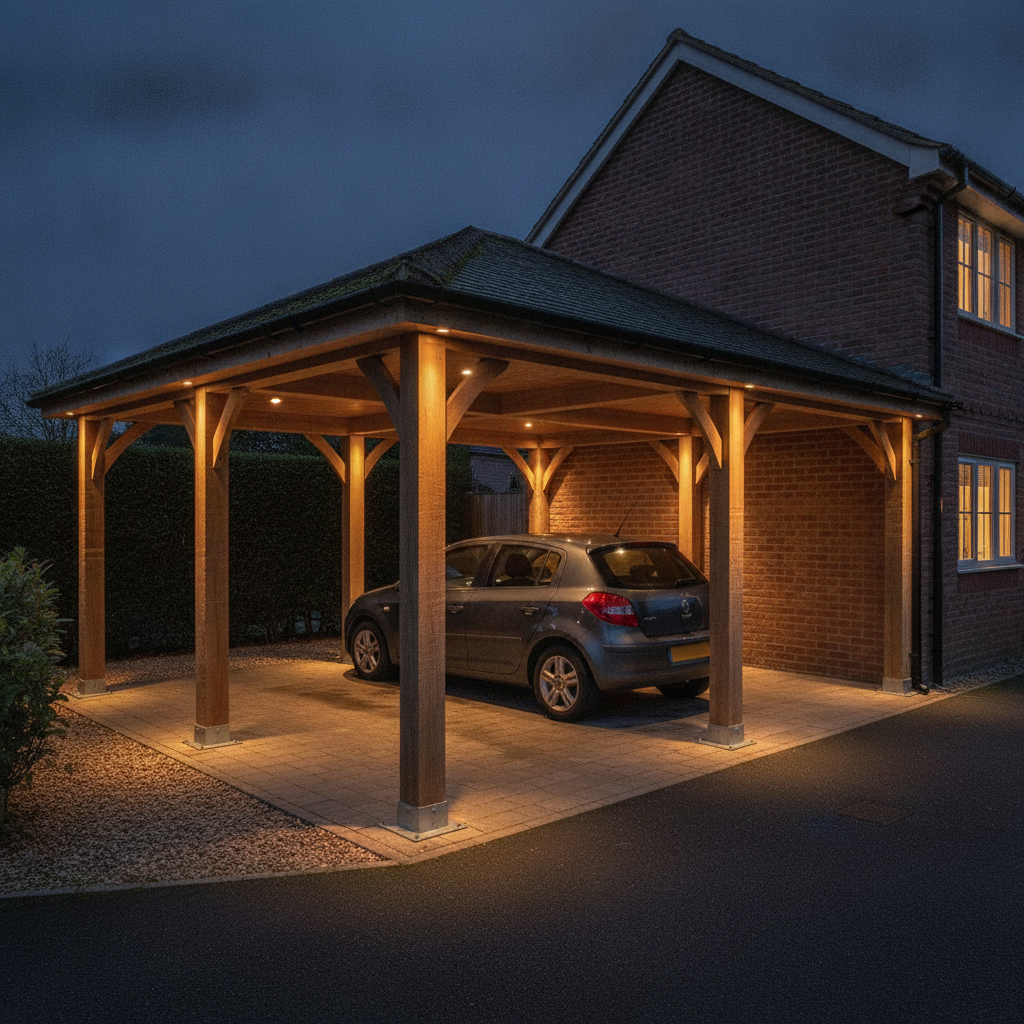 AI carport design generator result: an oak carport lit at blue dusk with warm downlights recessed into the beam undersides throwing pools of light onto wet block paving, uplit front posts showing the oak grain, and a car parked beneath against a brick house with lit windows.