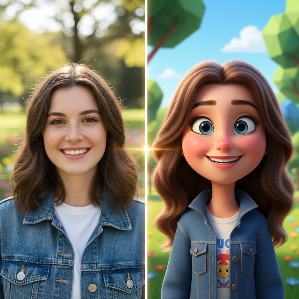AI cartoon image generator hero — split screen showing a real photo of a smiling young woman transforming into a vibrant Pixar-style cartoon character with expressive big eyes and smooth shading