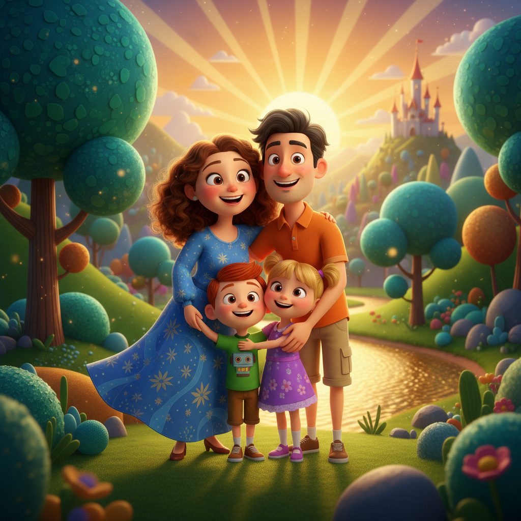 AI cartoon character of a happy family of four — mom, dad, son, and daughter rendered in colorful Disney-Pixar 3D animation style with vibrant cartoon background and warm golden lighting