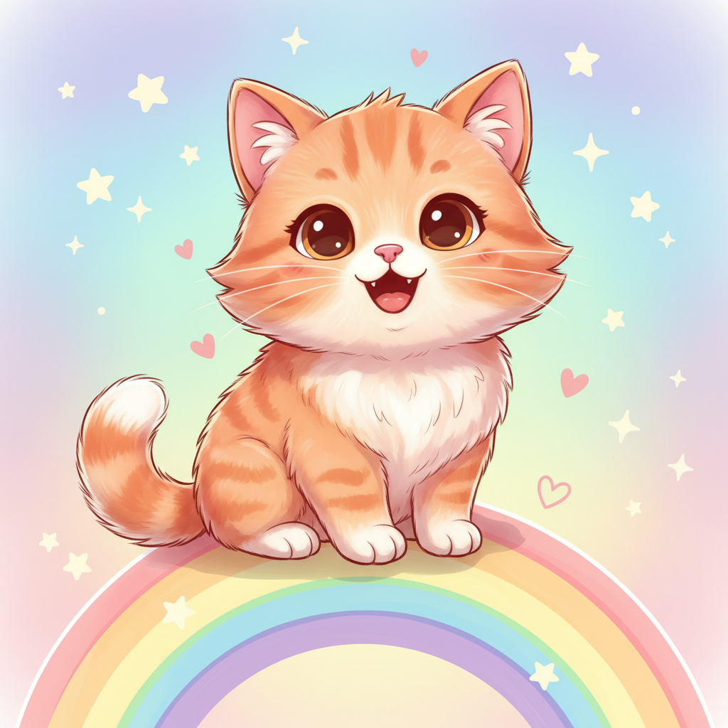 AI cartoon art of a cute orange tabby cat sitting on a rainbow with sparkling eyes and fluffy fur, kawaii cartoon style with pastel colors and stars