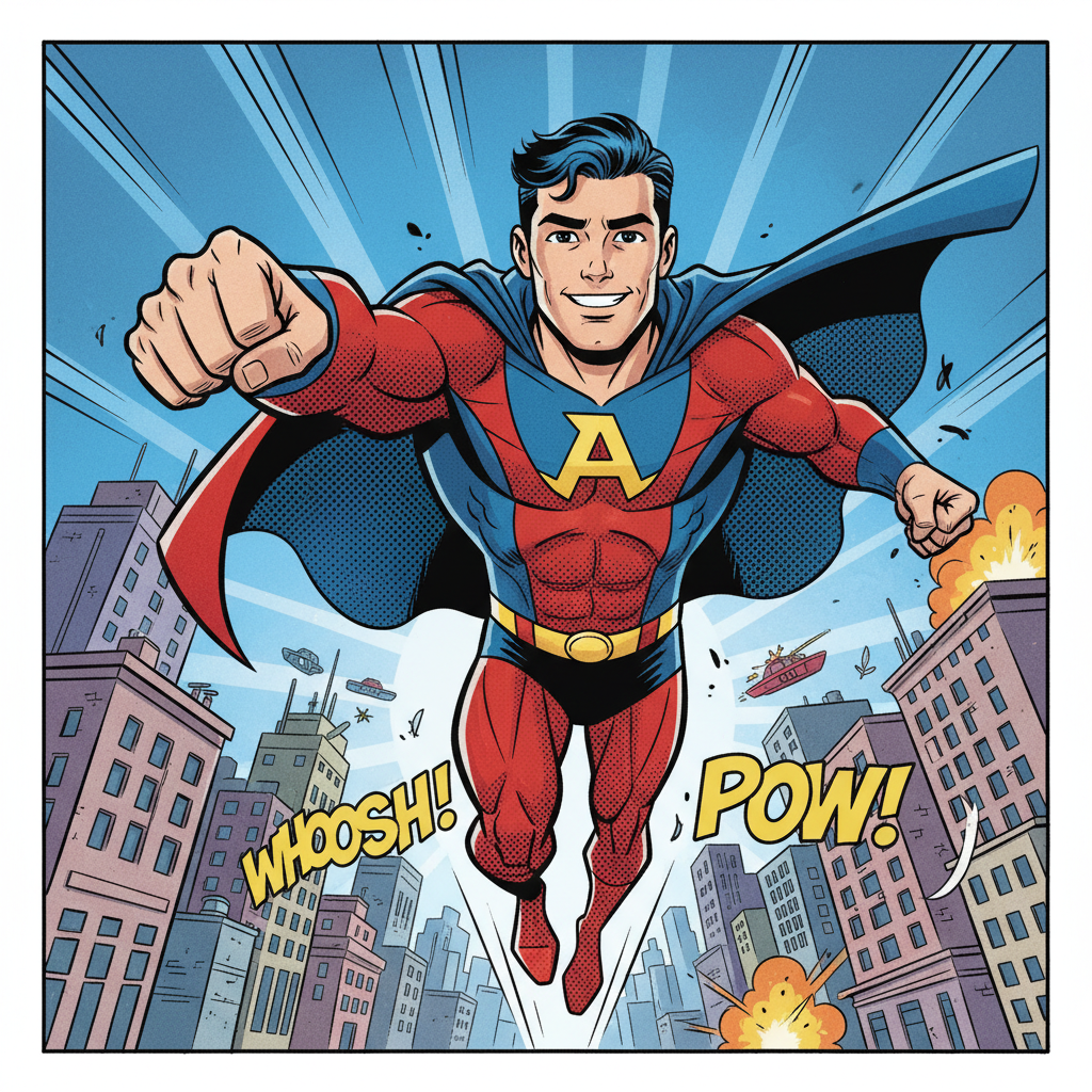 AI cartoonified photo result — confident young man transformed into a comic-book superhero cartoon style with bold ink outlines, halftone shading and dynamic action pose