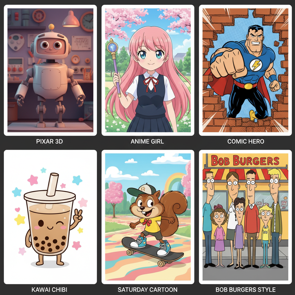 AI cartoon image gallery grid showing six varied cartoon styles — Pixar 3D character, anime girl, comic book hero, kawaii chibi mascot, retro cartoon avatar, and modern family portrait