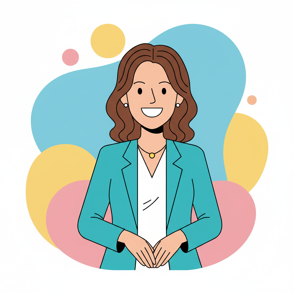 AI cartoon avatar of a cheerful businesswoman in flat-design cartoon style, modern minimal vector aesthetic, perfect for LinkedIn profile picture and social media branding