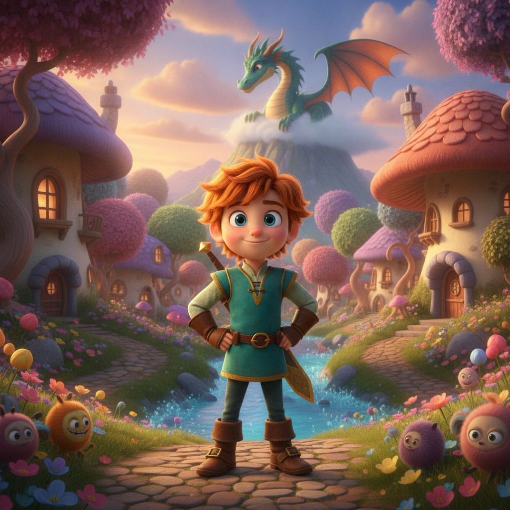 AI cartoon video creator 3D animated hero character in a colorful fantasy village
