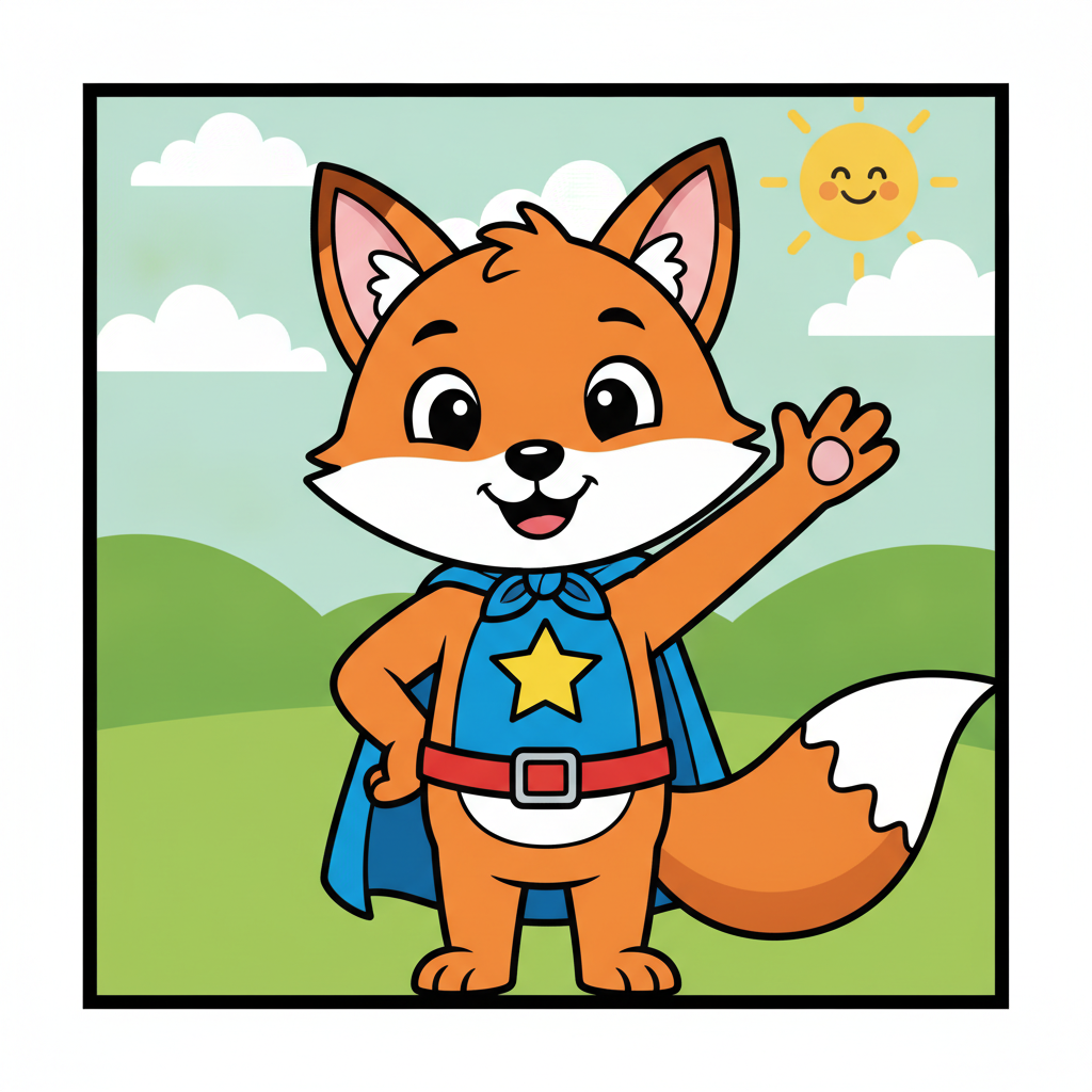 Flat 2D cartoon fox mascot waving, animated character art generated by AI