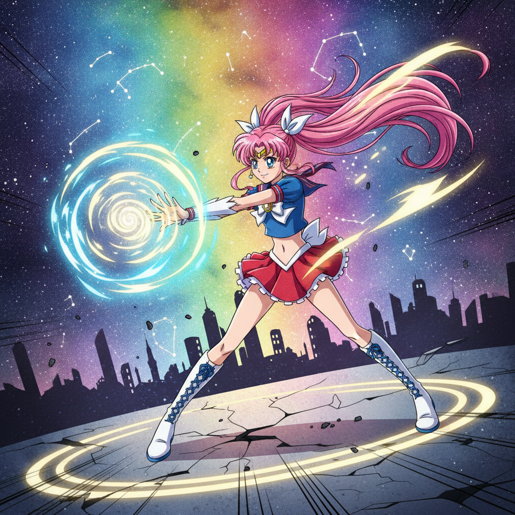 Anime-style cartoon video keyframe of a magical girl casting a glowing spell