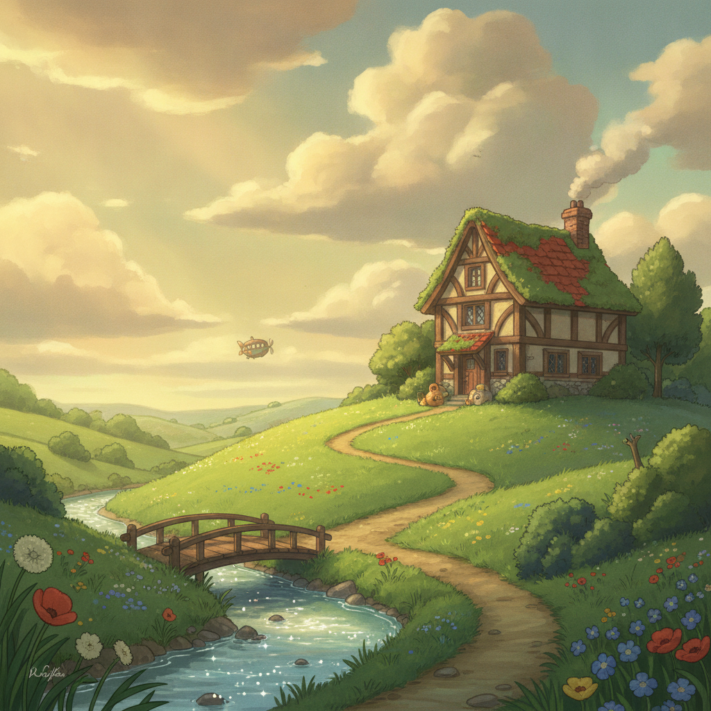 Ghibli-inspired cartoon scene of a cottage on a green hill made with cartoon animation AI