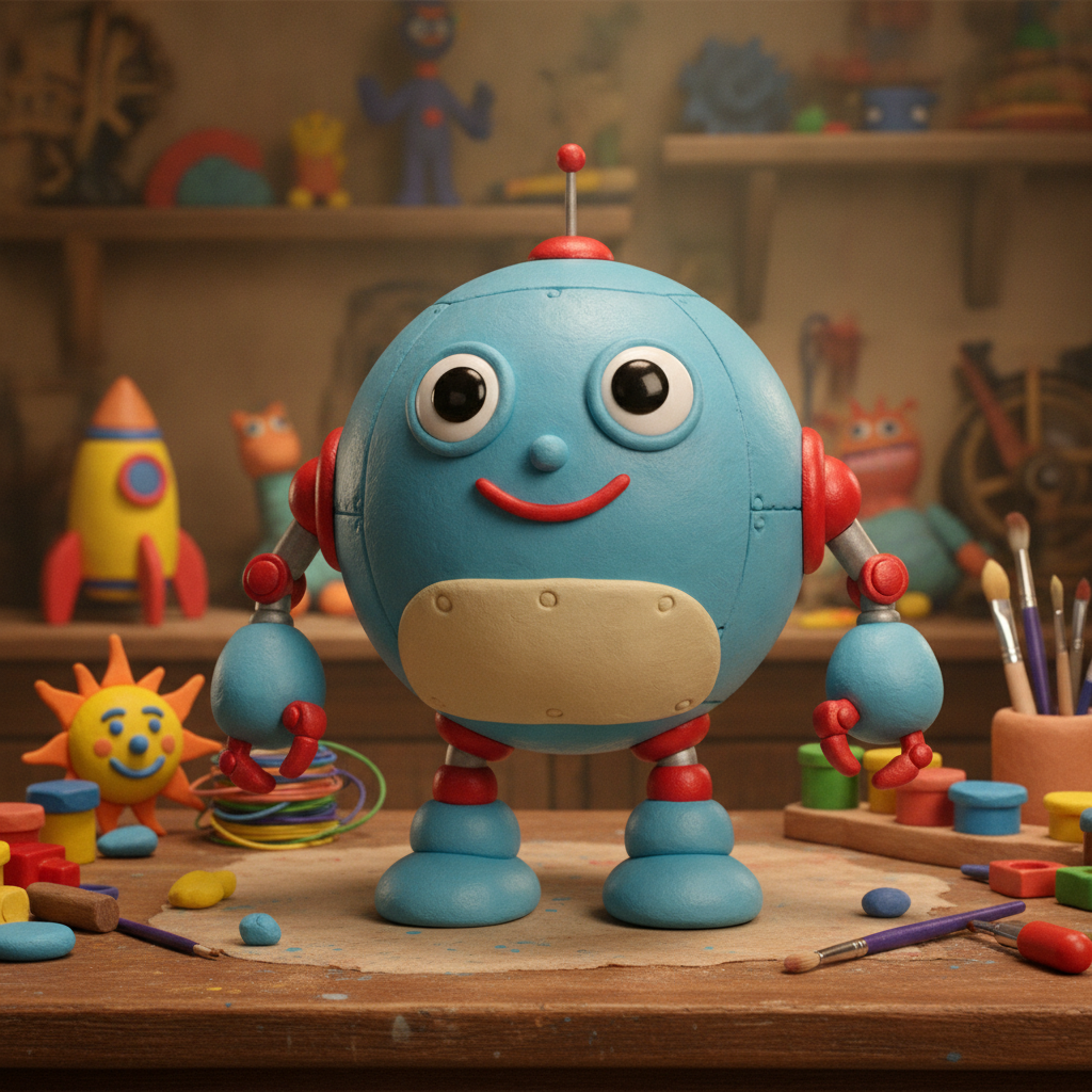 Claymation-style friendly robot cartoon character in a colorful toy workshop