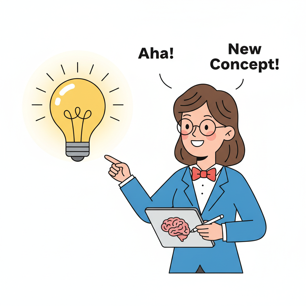 Cartoon explainer video frame of a teacher character pointing at a lightbulb idea