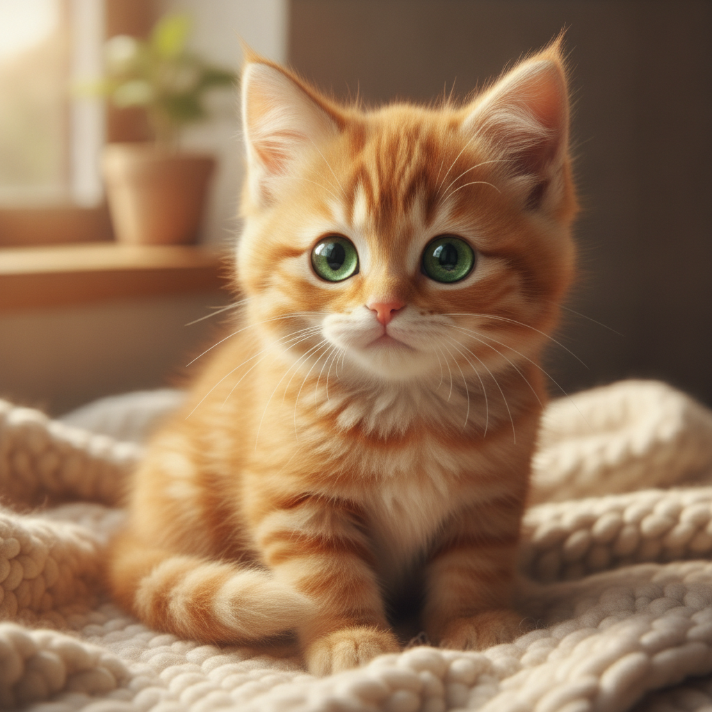 AI cat generator — a photorealistic fluffy orange tabby kitten with big green eyes in warm window light, 4K