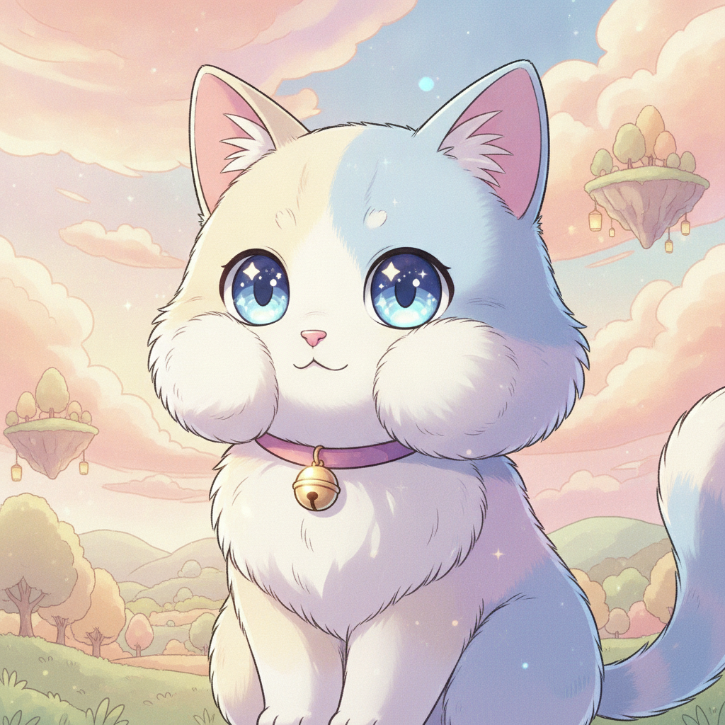 AI cat generator — a cute anime-style cat character with sparkling eyes and a pastel Ghibli background