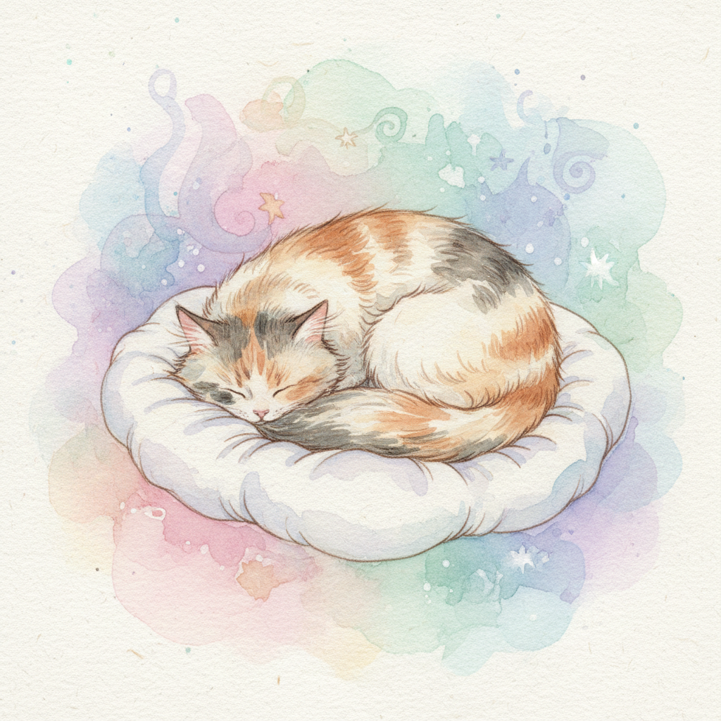 AI cat art generator — a soft watercolor painting of a calico cat curled up in a storybook style