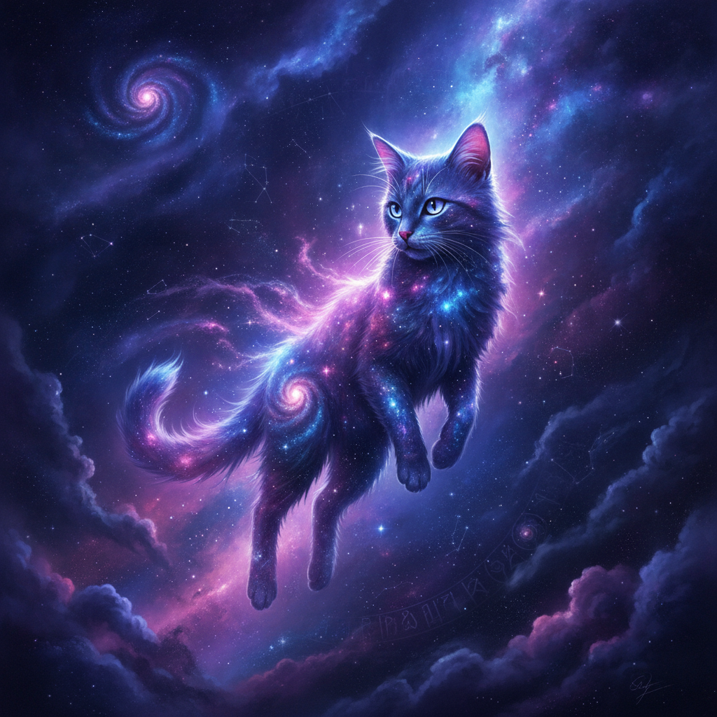 AI cat generator — a fantasy cosmic cat with galaxy-patterned fur and a glowing nebula aura in space