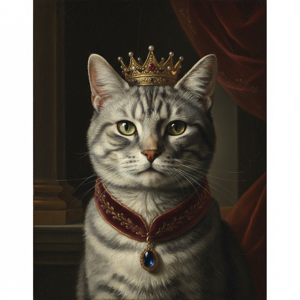 AI cat generator — a regal Renaissance oil portrait of a grey cat wearing a tiny crown