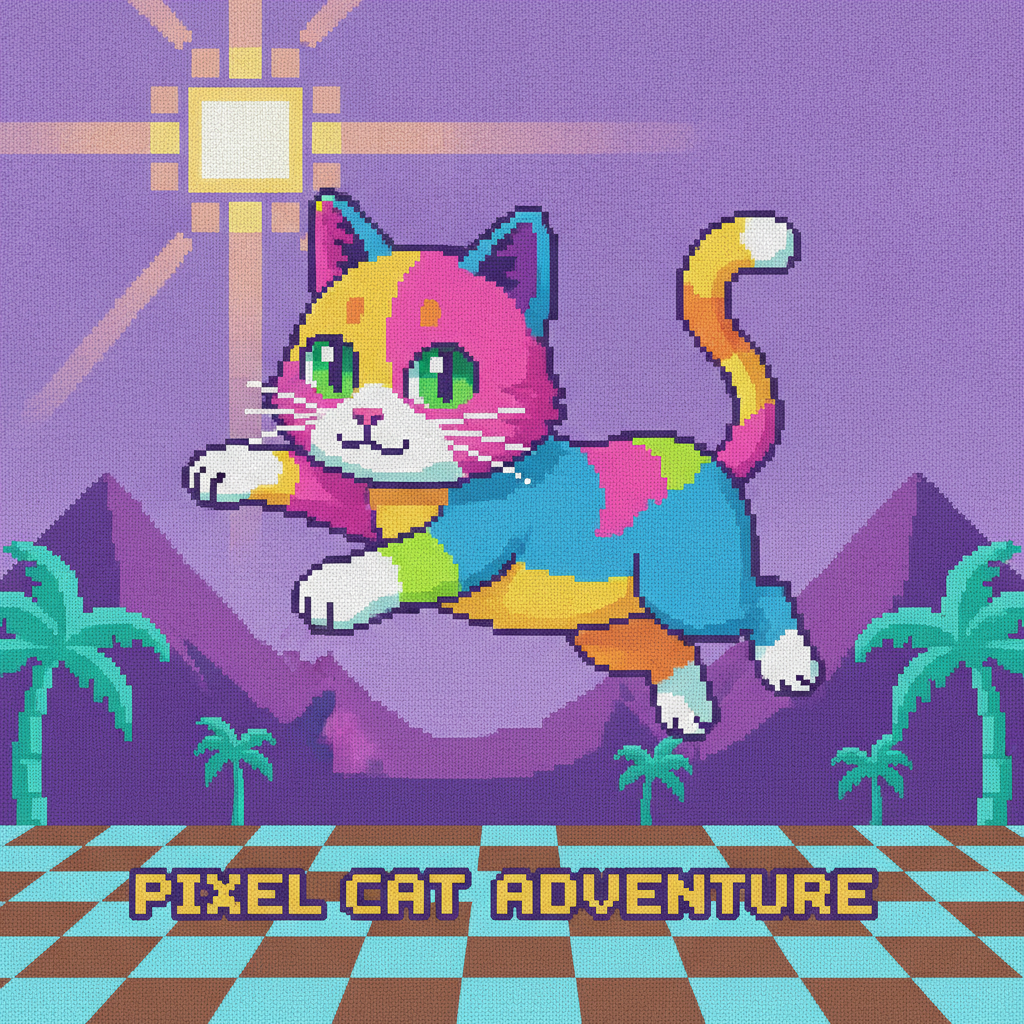 AI cat generator — a colorful retro pixel-art cat sprite in a 16-bit video game style