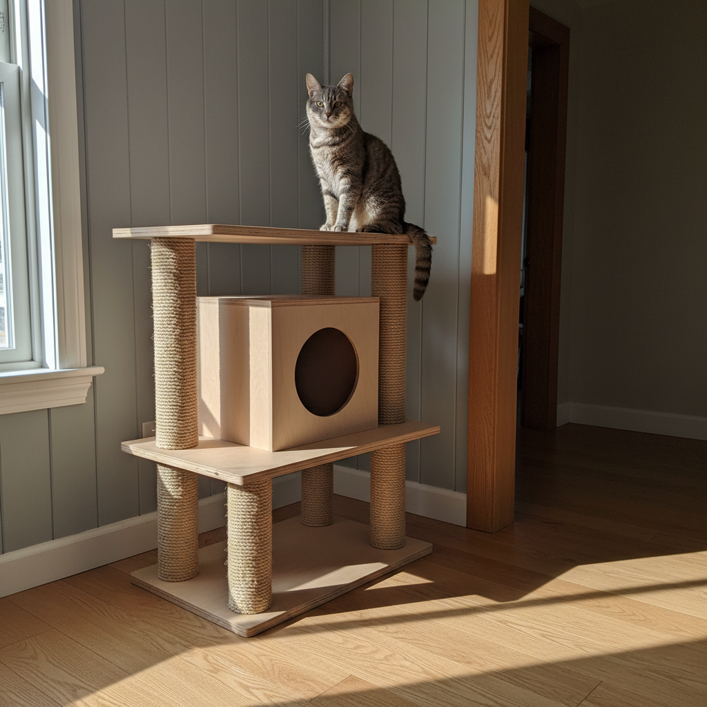 AI cat tree design generator result: a birch plywood tower with the pale layered edge grain showing on every slab, square posts wrapped in natural sisal rope, a hide box with a round hole cut clean through its front face, and a grey tabby sitting on the top slab in a boarded room lit from a window on the left.