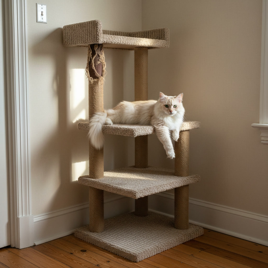 AI cat tree design generator result: a tall carpeted cat tower in the corner of a bedroom, its platforms wrapped in ribbed oatmeal carpet and its uprights bound in sisal rope frayed into loose fibres, with a cream long haired cat stretched along a middle platform and morning sun raking across the front faces.
