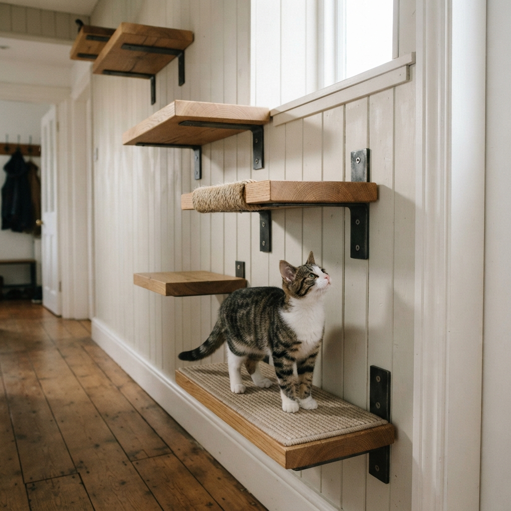 AI cat tree design generator result: five oak climbing shelves stepping up a wall of painted tongue and groove boarding in a hallway, each slab carried on two chunky blackened steel brackets screwed into both the slab and the boarding, one shelf carpeted and one bound with sisal, with a tabby and white cat standing on the lowest slab.