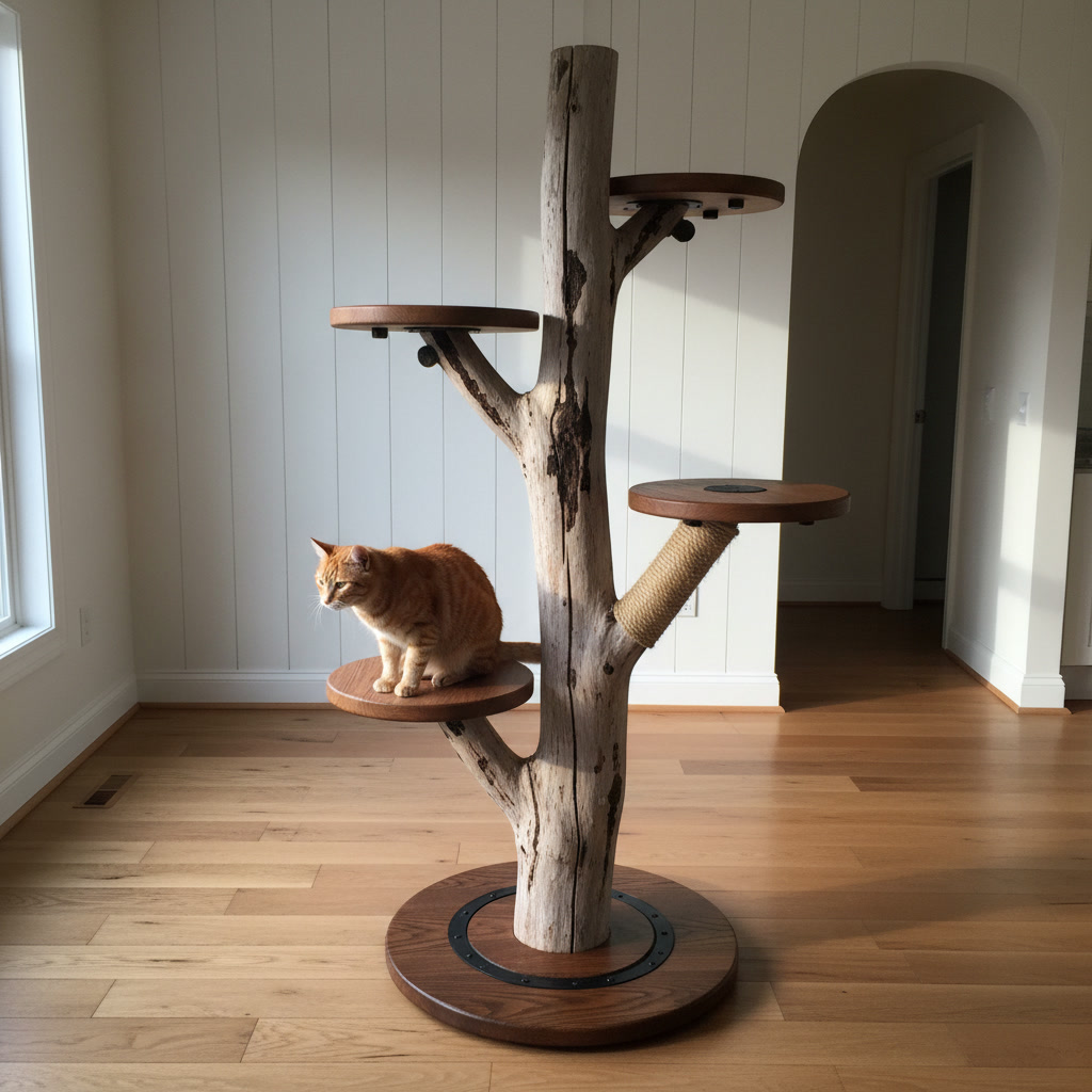 AI cat tree design generator result: a cat tree built around a real stripped hardwood limb split along the grain, rising from a heavy round oak base with round oak platforms bolted through the forks, sisal bound around the lower trunk and a ginger cat crouched on the lowest platform in low side light.