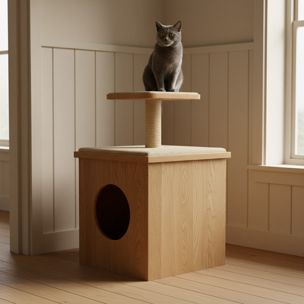 AI cat tree design generator result: a furniture-style cat tree built as a freestanding oak cabinet with a round hole cut clean through one side panel showing the full thickness of the timber, a carpeted top with a bare oak rim, a short sisal post and a grey cat sitting on the platform above it.
