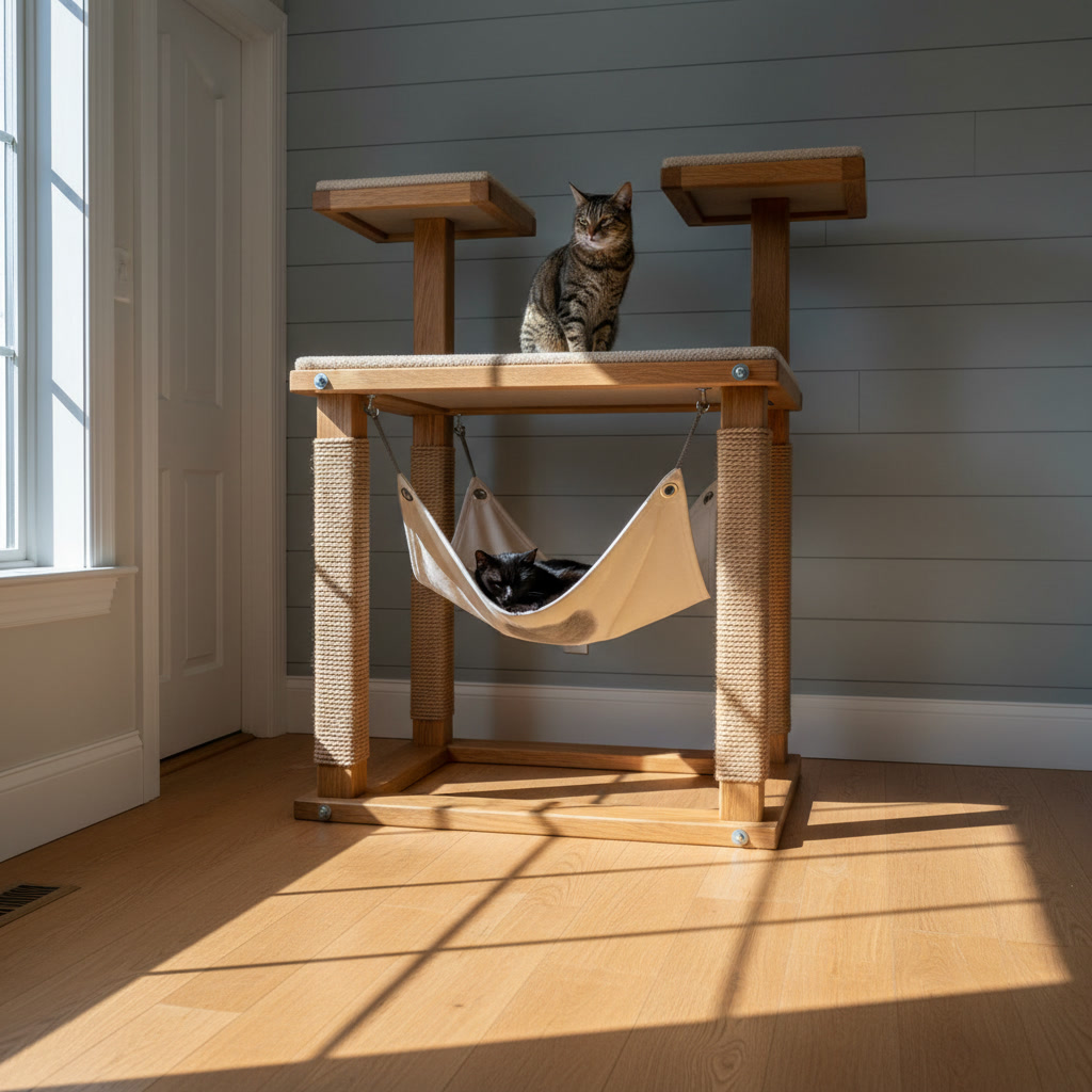 AI cat tree design generator result: a large multi-cat oak frame with sisal-wrapped posts and a heavy canvas sling hung between them, every corner eyelet and screw head visible where it bites into the frame rail, with a black cat curled in the sling and a tabby sitting on the platform above.
