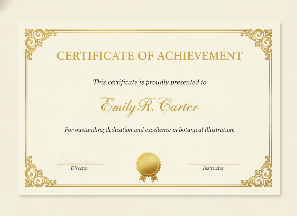 AI certificate generator result: a classic certificate of achievement with an ornate gold border, calligraphic recipient name, two signature lines and an embossed foil rosette seal