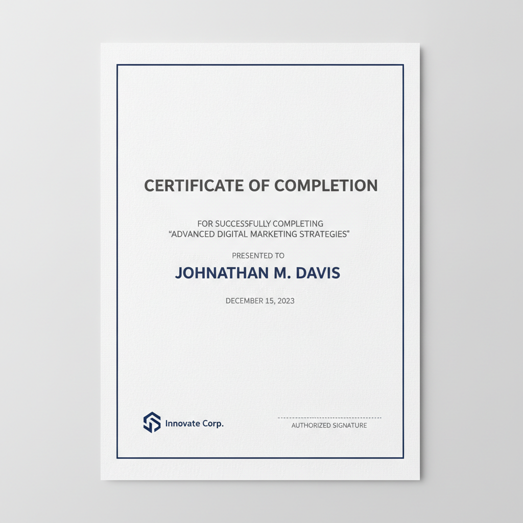 Modern certificate of completion designed by AI: a white sheet with a navy rule frame, clean sans-serif heading, course title line and a single signature line