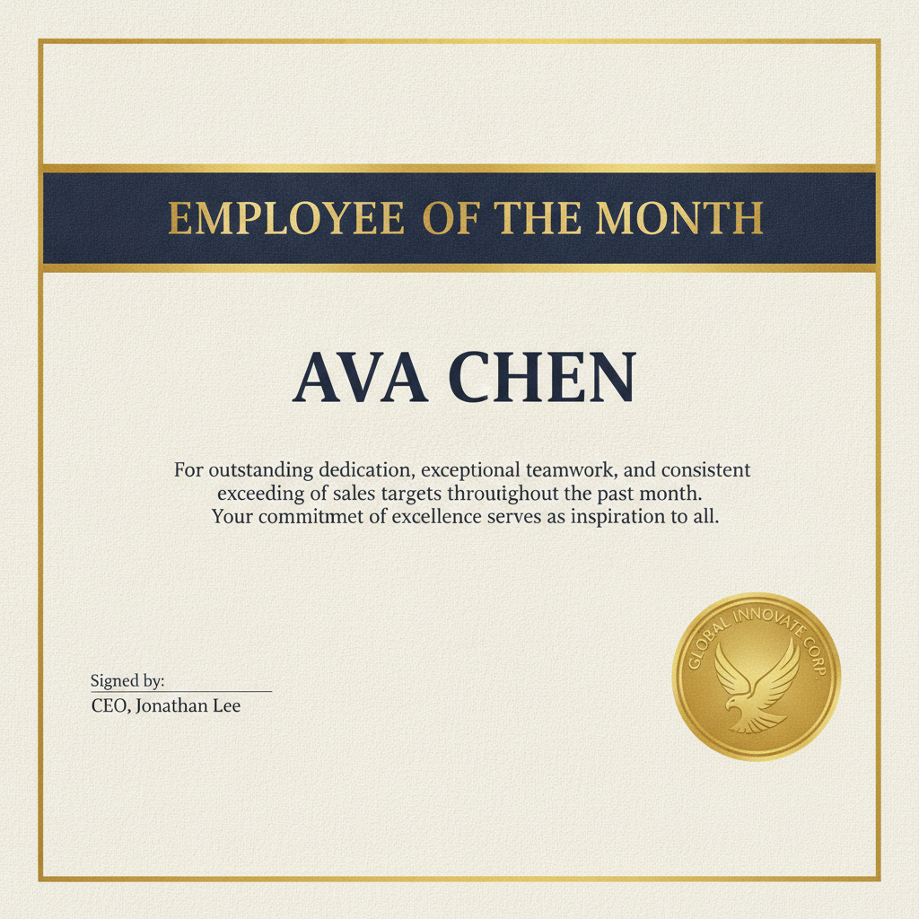 Employee of the month certificate generated by AI: a navy header band with gold serif heading, recipient name, citation paragraph and a circular company emblem