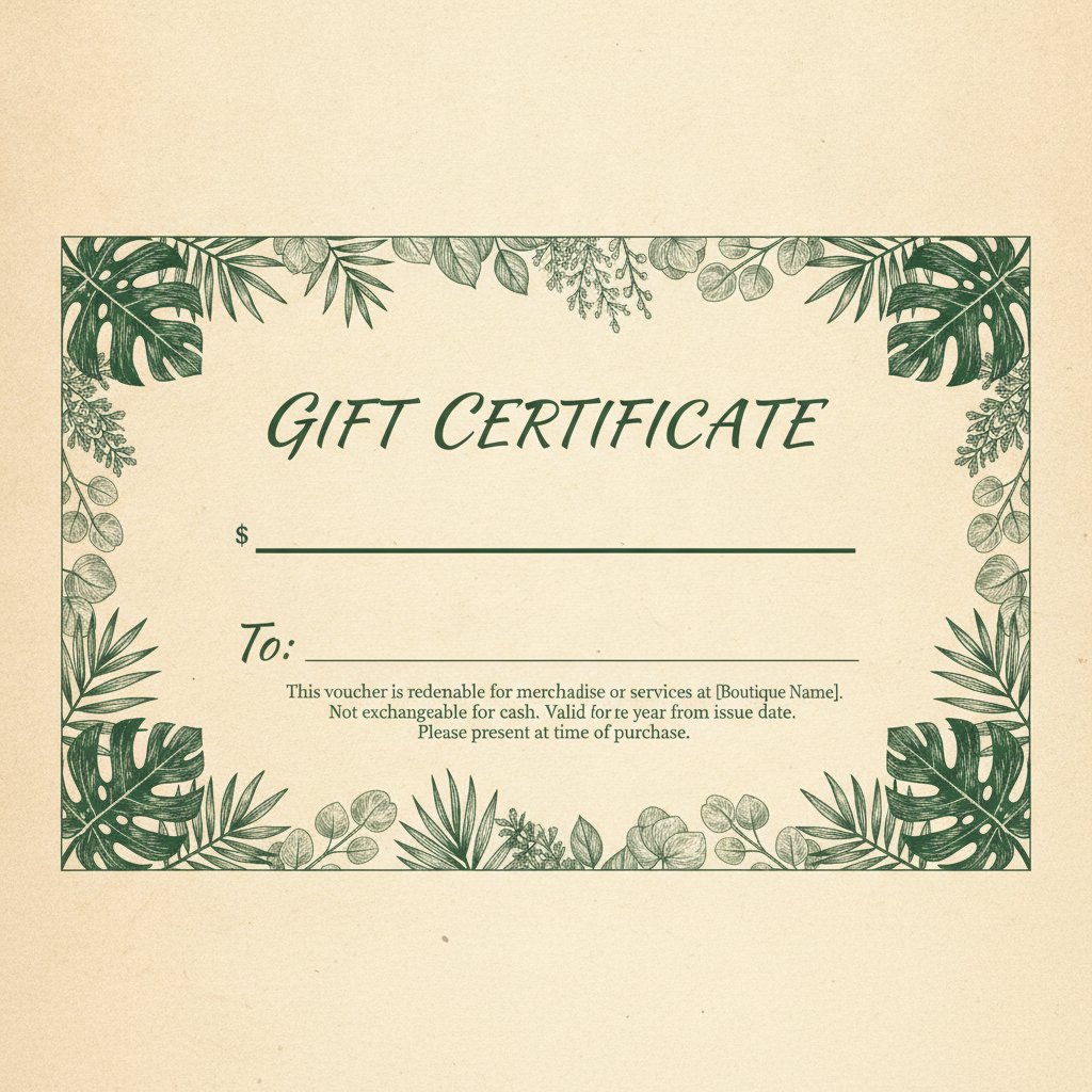 Gift certificate voucher made with the AI certificate generator: cream and deep green botanical border, script heading, a large value line and redemption small print