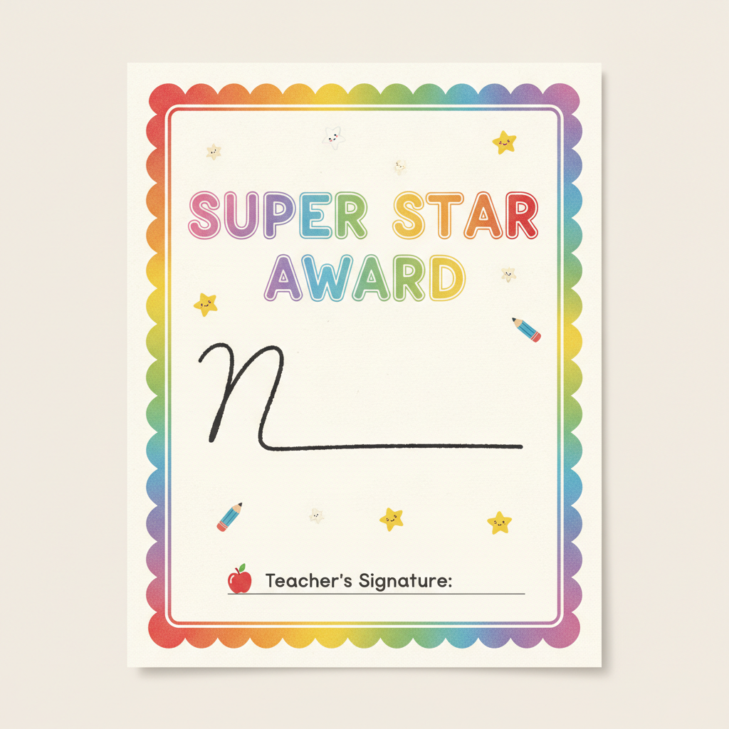Classroom award certificate for children created by AI: rainbow scalloped border, rounded display heading, a big handwritten-style name, star doodles and a teacher signature line