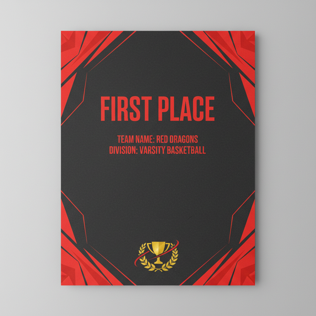 Sports tournament certificate designed by AI: dark charcoal sheet with red angular accents, condensed first place heading, team and division lines and a laurel wreath trophy emblem
