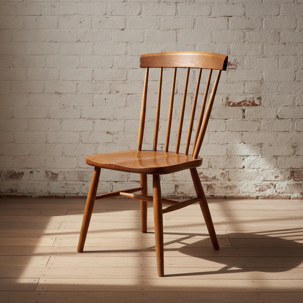 AI chair design generator result: an oak spindle-back dining chair with exactly seven turned spindles and a dished solid seat against painted brick