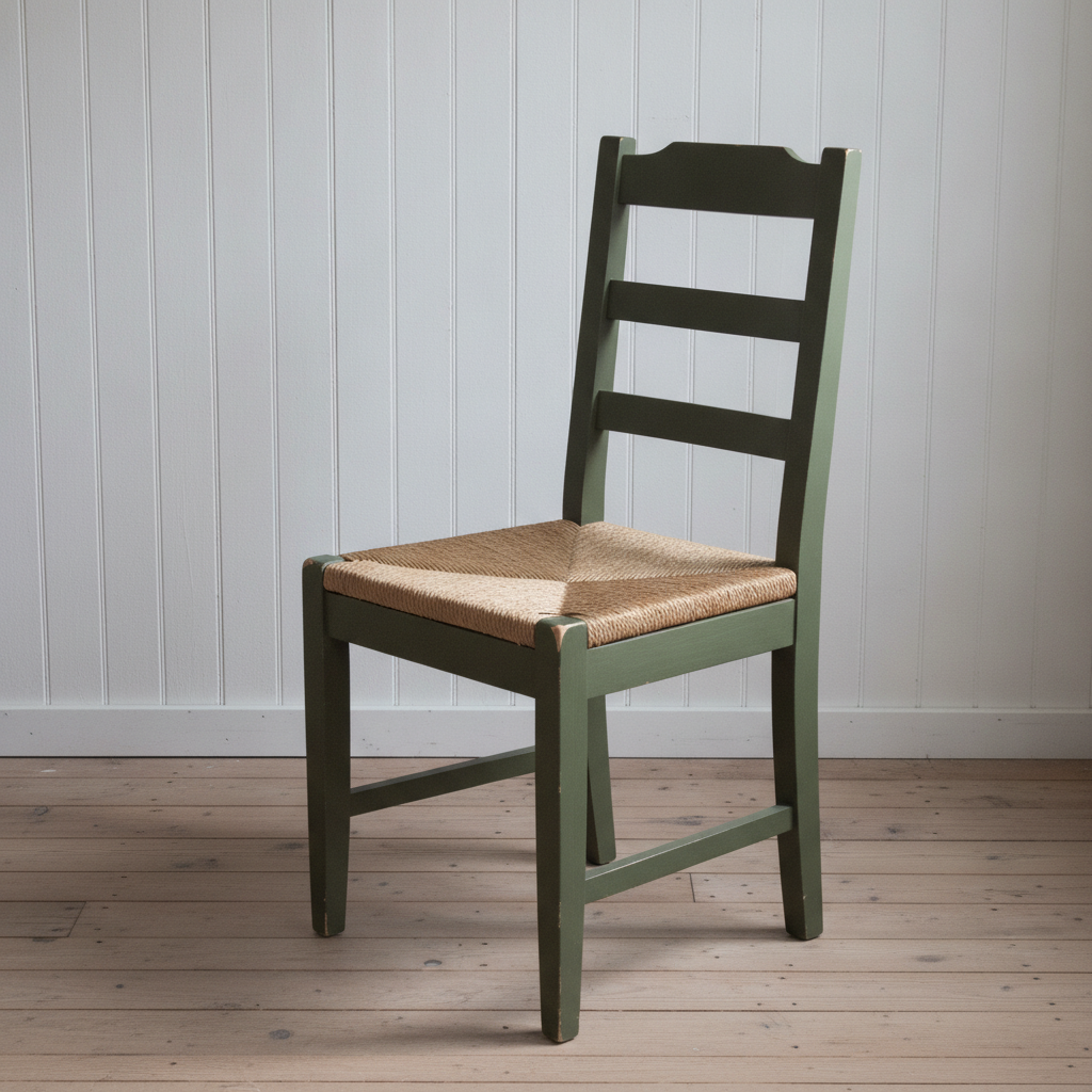 AI chair design generator result: an olive painted ladder-back chair with three horizontal slats and a woven rush seat