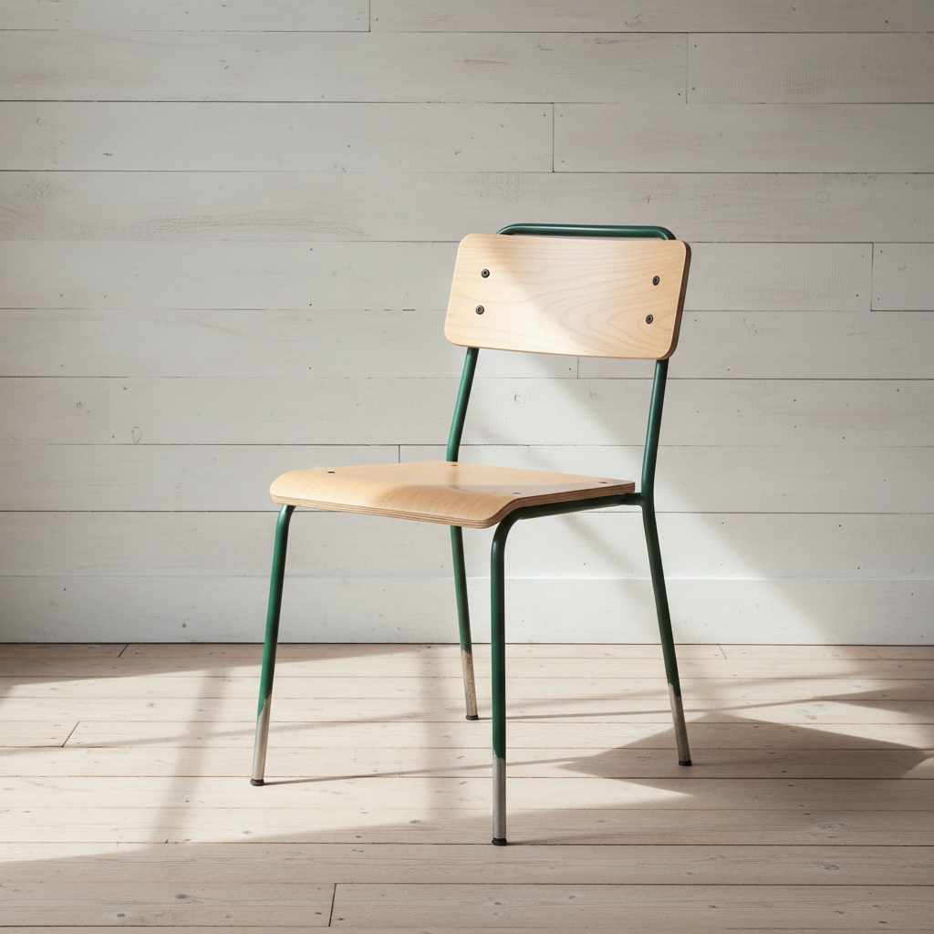 AI chair design generator result: a green steel rod and birch plywood stacking cafe chair with a flat seat and separate back panel