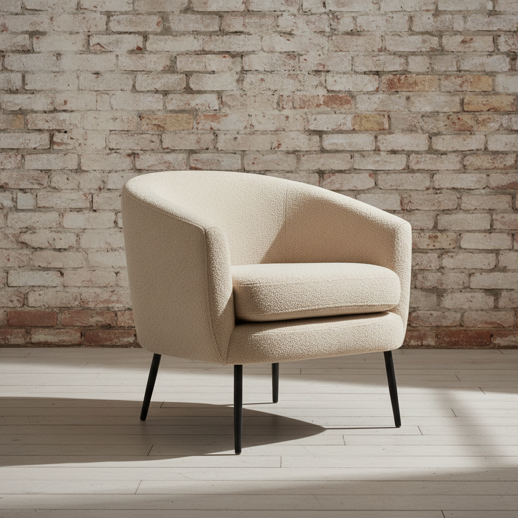 AI chair design generator result: an oatmeal boucle tub armchair with one continuous curved arm and back band on four black steel legs