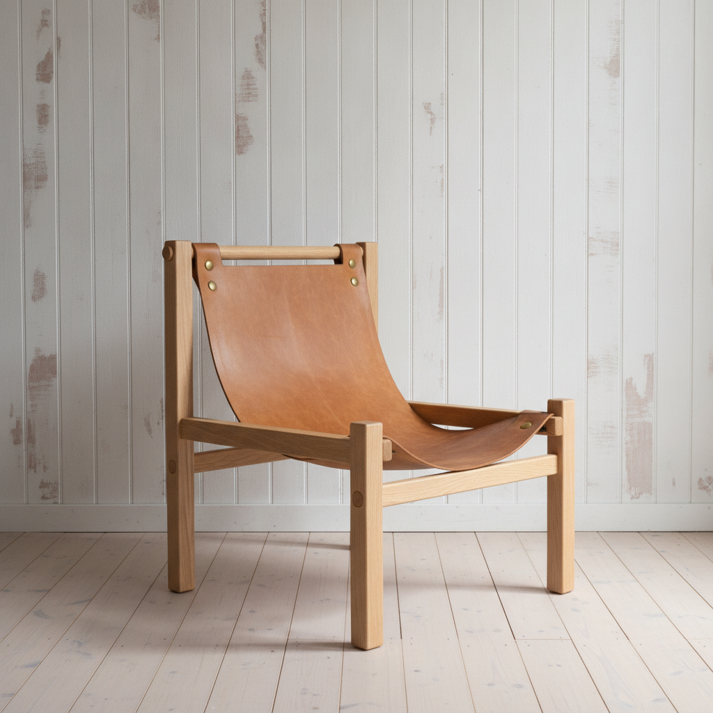 AI chair design generator result: a tan leather sling chair on a square ash frame with brass rivets at each fold