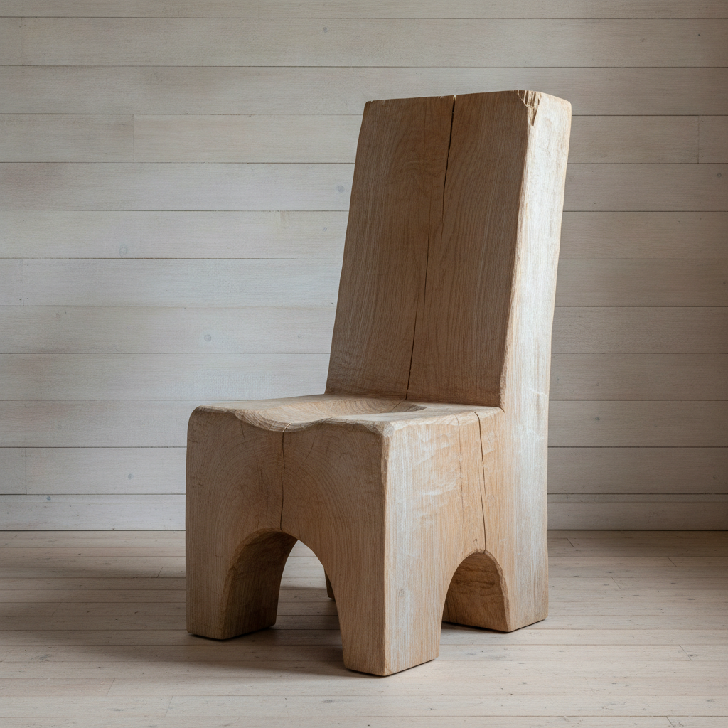 AI chair design generator result: a chair carved from one solid block of oak with visible tool marks and an arch cut between two feet