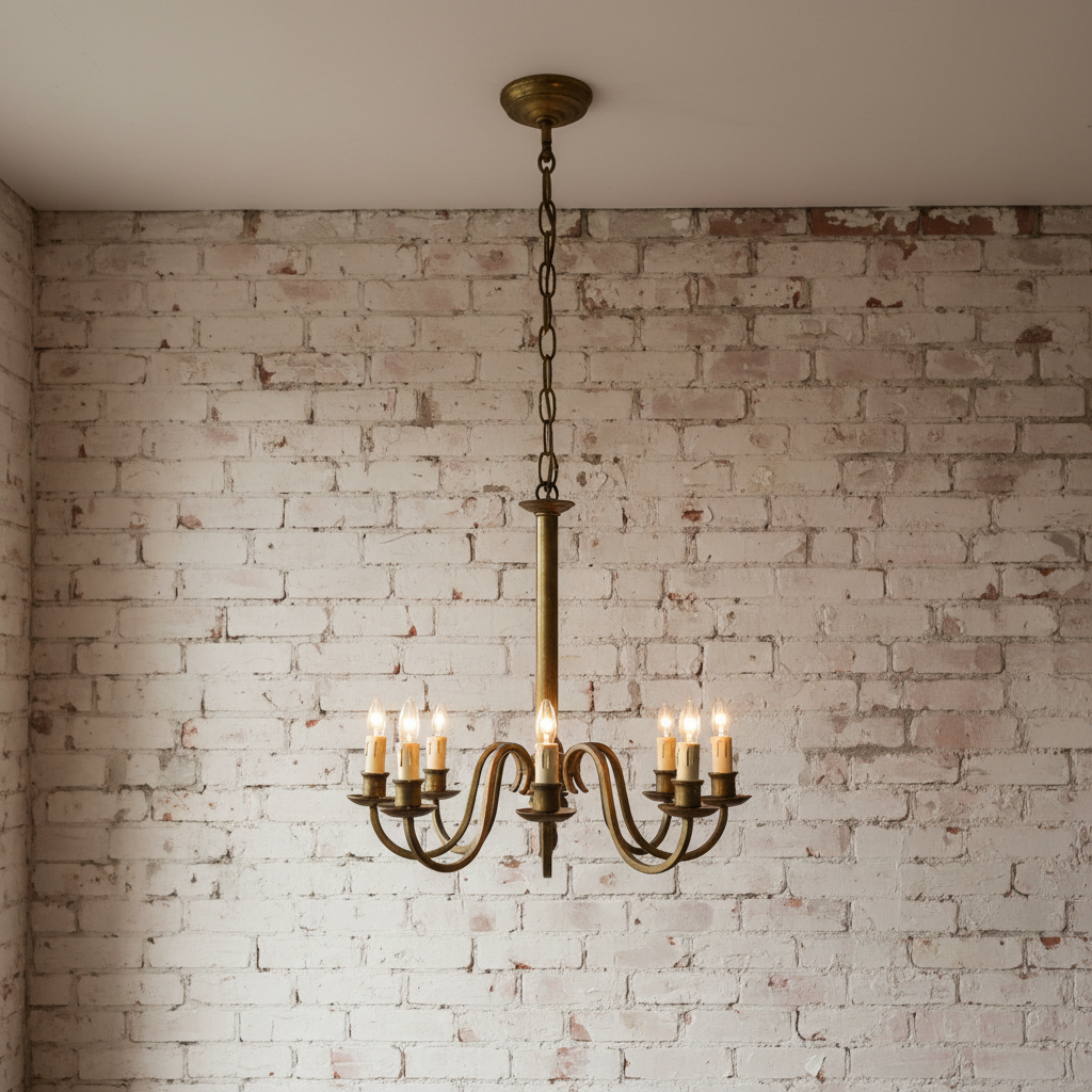 AI chandelier design generator result: an aged brass candle chandelier with curved arms and cream candle sleeves against a painted brick wall